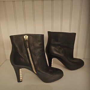 CHANEL Black Leather Booties with Pearl Heel Detail Size 6